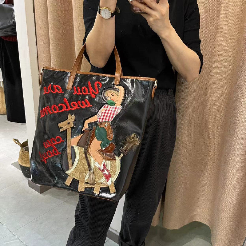 Chrome Heart Leather Bag Embroidered Cartoon Tote Bag