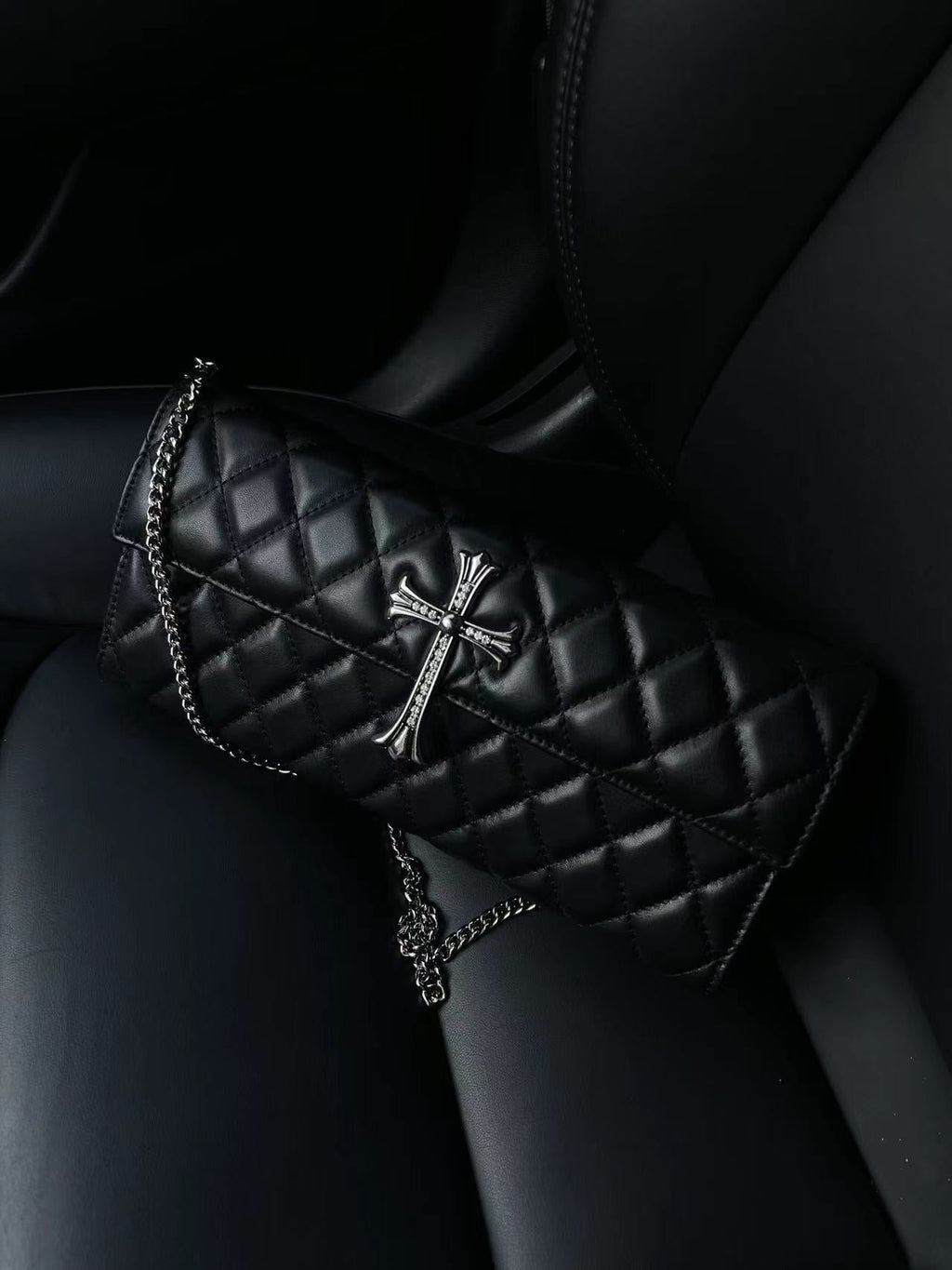 Chrome Heart Leather Bag Vintage Diamond-encrusted Shoulder Crossbody Bag